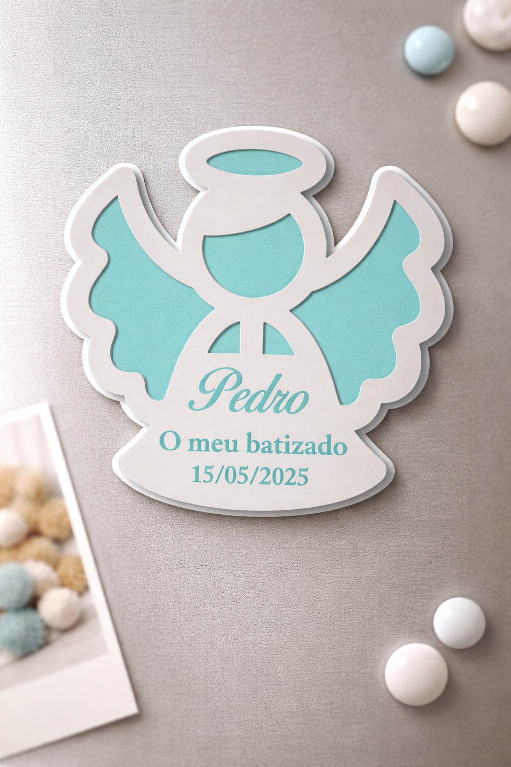 Imán personalizado para bautizo con ángel de la guarda – Recuerdo de bautizo