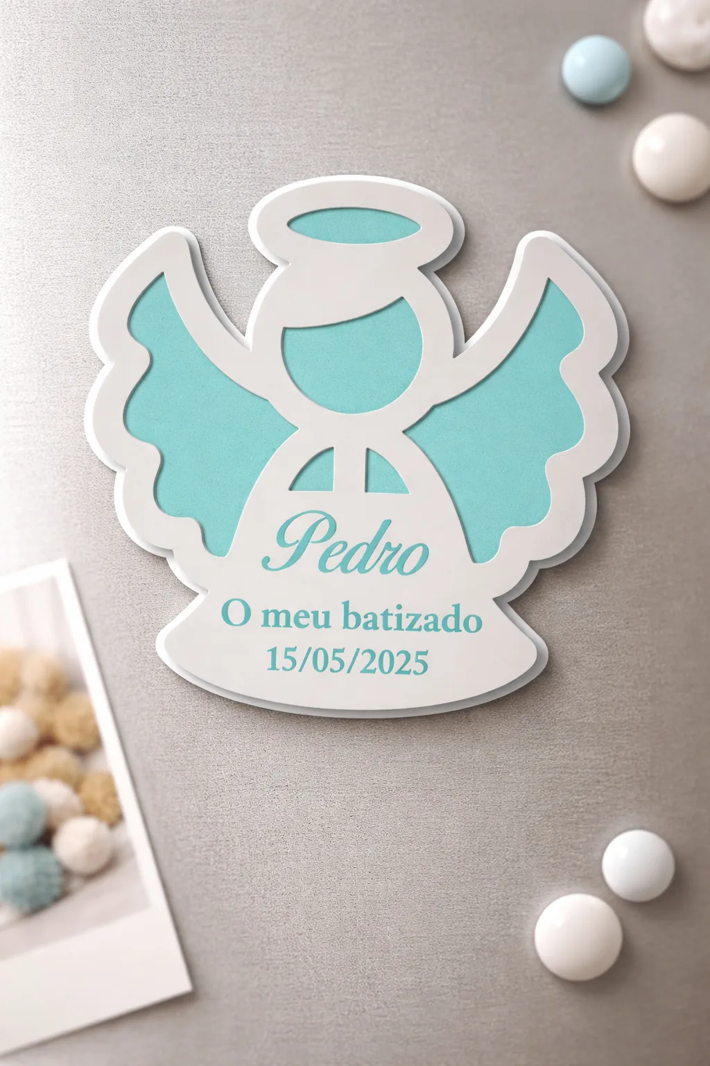 Imán personalizado para bautizo con ángel de la guarda – Recuerdo de bautizo