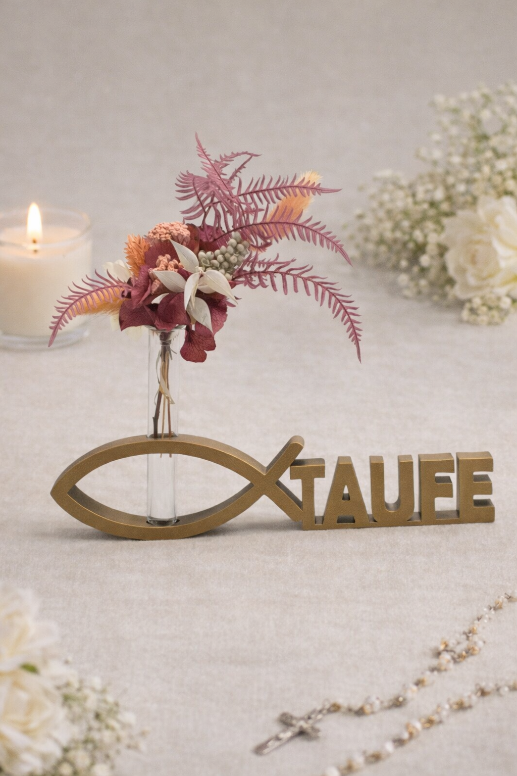 Jarra decorativa personalizada para bautizo con símbolo cristiano