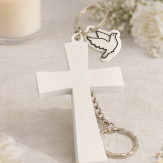 Llavero de bautizo personalizado con cruz y paloma