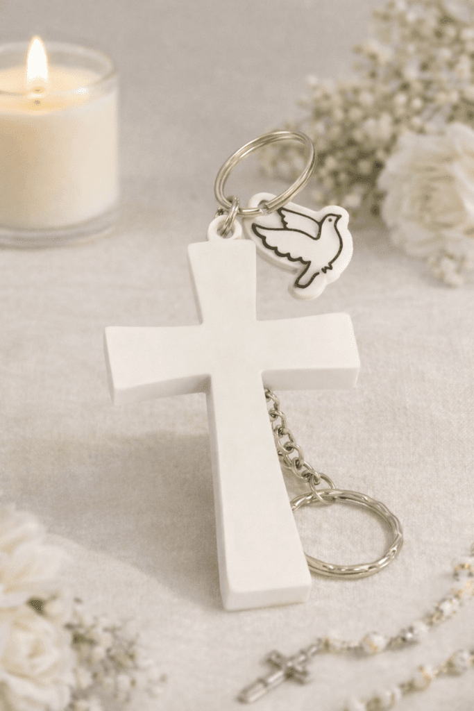 Llavero de bautizo personalizado con cruz y paloma